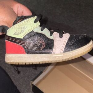 Jordan Kids Black Sneaker with Pink, Red and Pale Green Accents